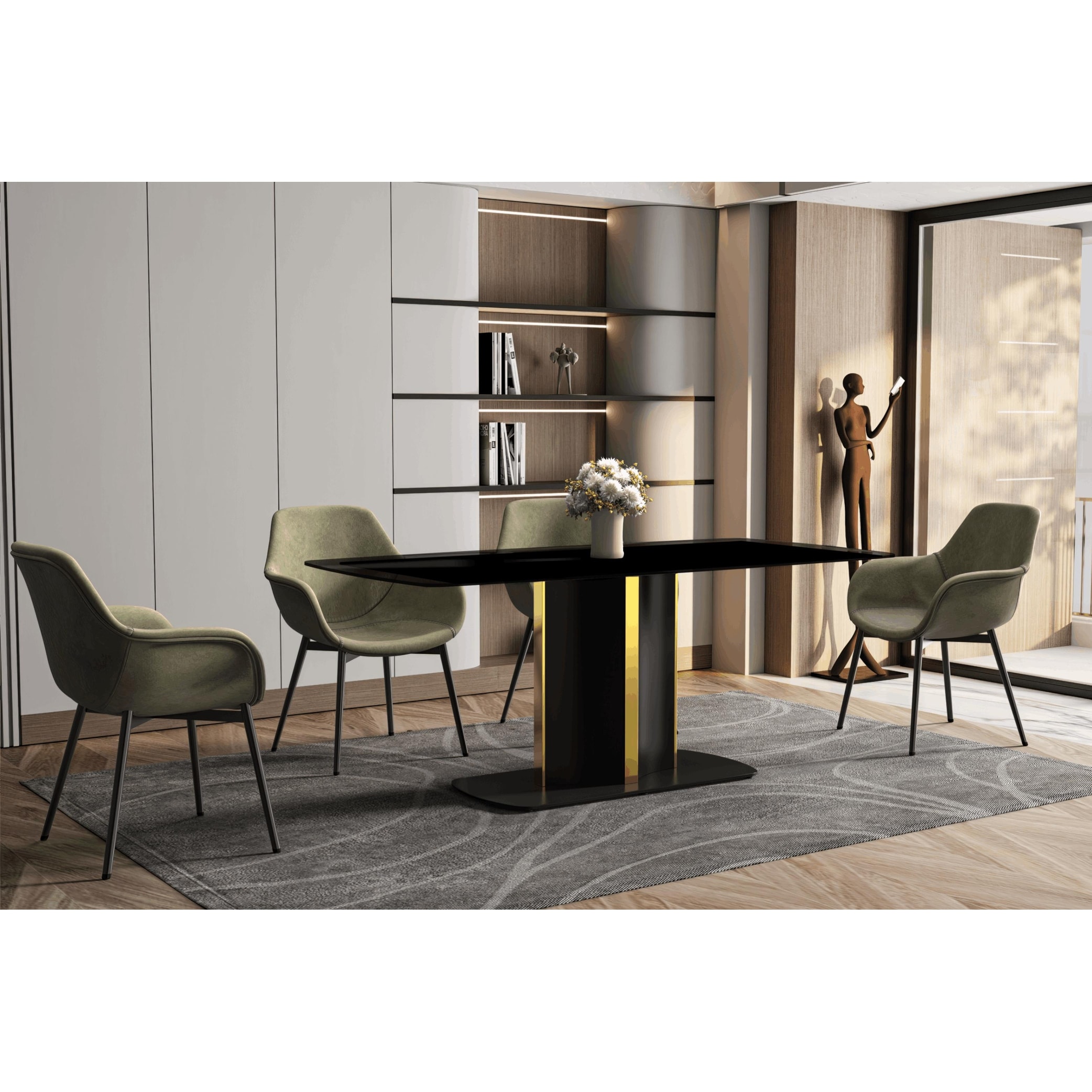 Sylva Modern Rectangular Dining Table Sintered Stone Glass Top Gold Pedestal Base 55", 62", 71" Inch Seats 6 for Kitchen