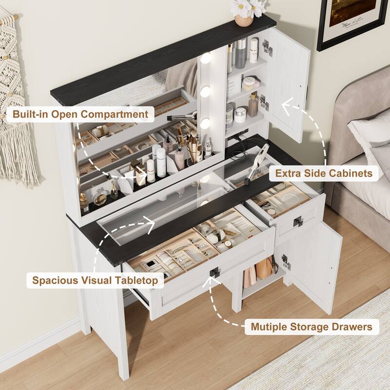 39.3" Farmhouse Makeup Vanity Desk with Mirror and LED Lights, Rustic Vanity Table