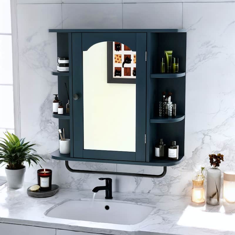 Wall Mounted Bathroom Medicine Cabinet with Mirror Door and Removable Shelf - Blue