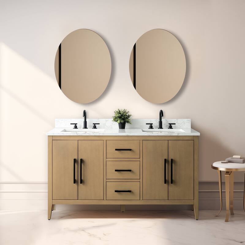 Vanity Art 60" Double Sink Bathroom Vanity Cabinet with Engineered Marble Top - 60"/Matte Black Handle - Natural Oak