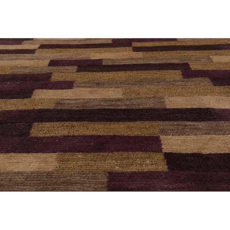 Hand Knotted Tibetan Aubergine Striped Wool & Silk Modern Area Rug - 3' x 5' 2''