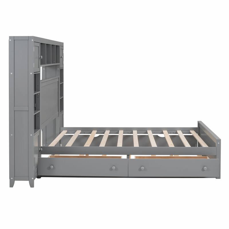 Wooden Bed with Built-in Cabinet, Shelf, and Sockets