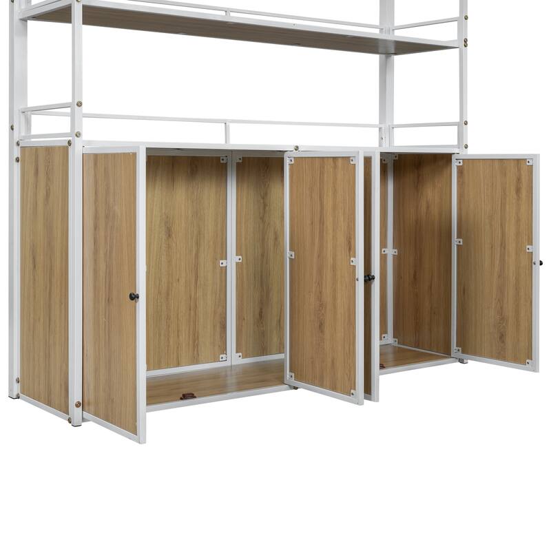 Full Loft Bed with Built-in Wardrobe, Storage Staircase & Shelves, Metal Frame