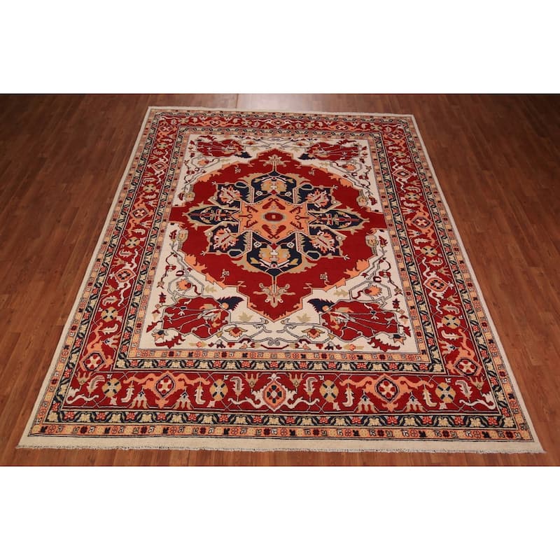 Geometric Red Heriz Oriental Area Rug Hand-Knotted Wool Carpet - 8'0" x 9'8"
