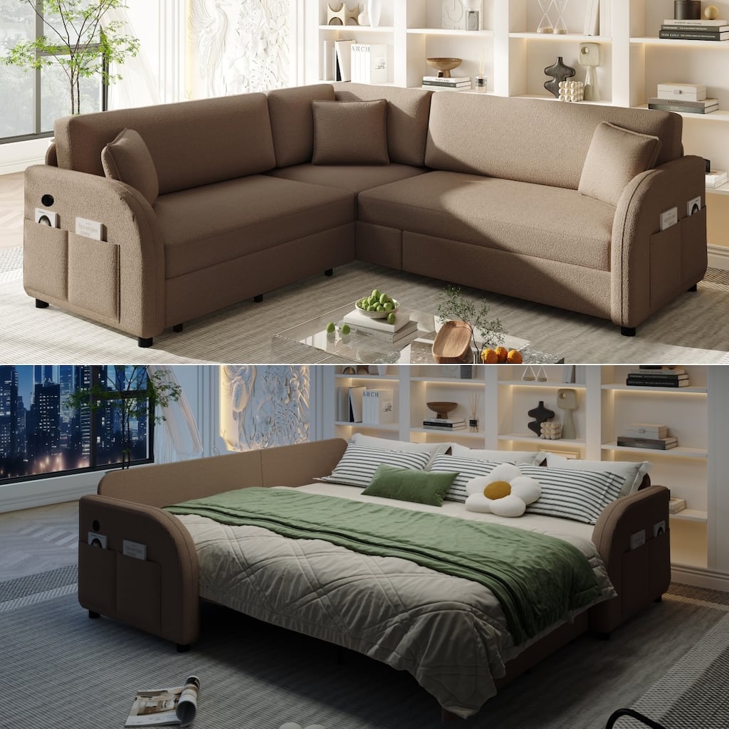 85" L-Shaped Convertible Sleeper Sofa with Pull-Out Bed, Teddy Upholstery & USB Ports