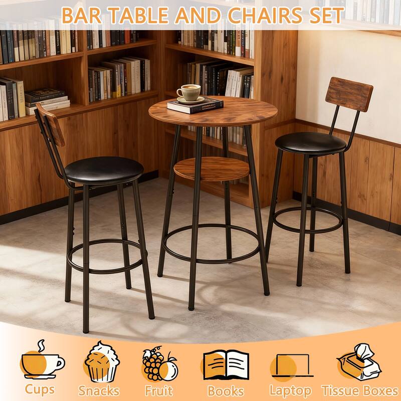 3 Pieces Round Bar Table and Chairs Set, Small Dining Table for 2 with 2-Tier Storage & 2 PU Upholstered Bar Stools