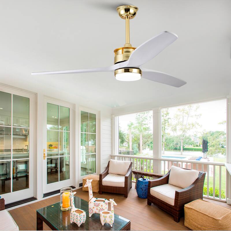 52 Inch White and Gold Ceiling Fans with Lights and Remote, 3 Solid Wood Blades, 6 Speeds, Quiet DC Motor - Gold+White