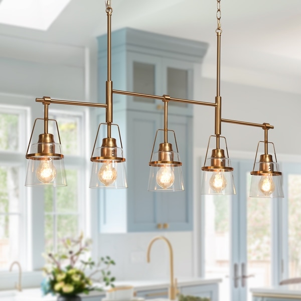 Modern Gold 5-Light Linear Island Chandelier Glass Pendant for