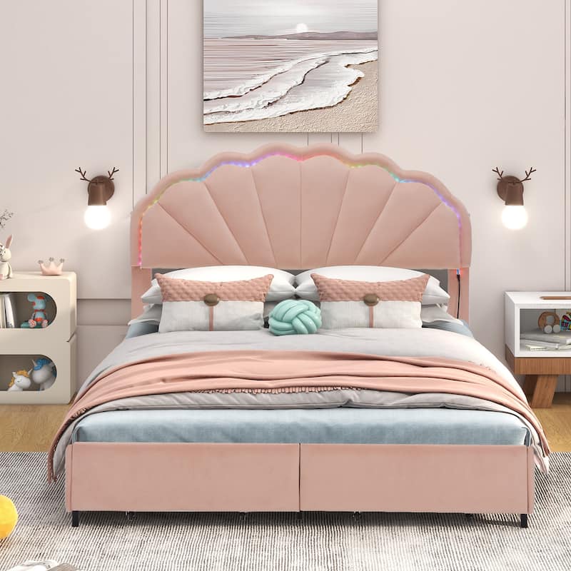 Full Size Upholstered Princess Bed, Smart LED Bed Frame with 2 Drawers, Velvet Fabric Platform Bed Frame with Petal Headboard