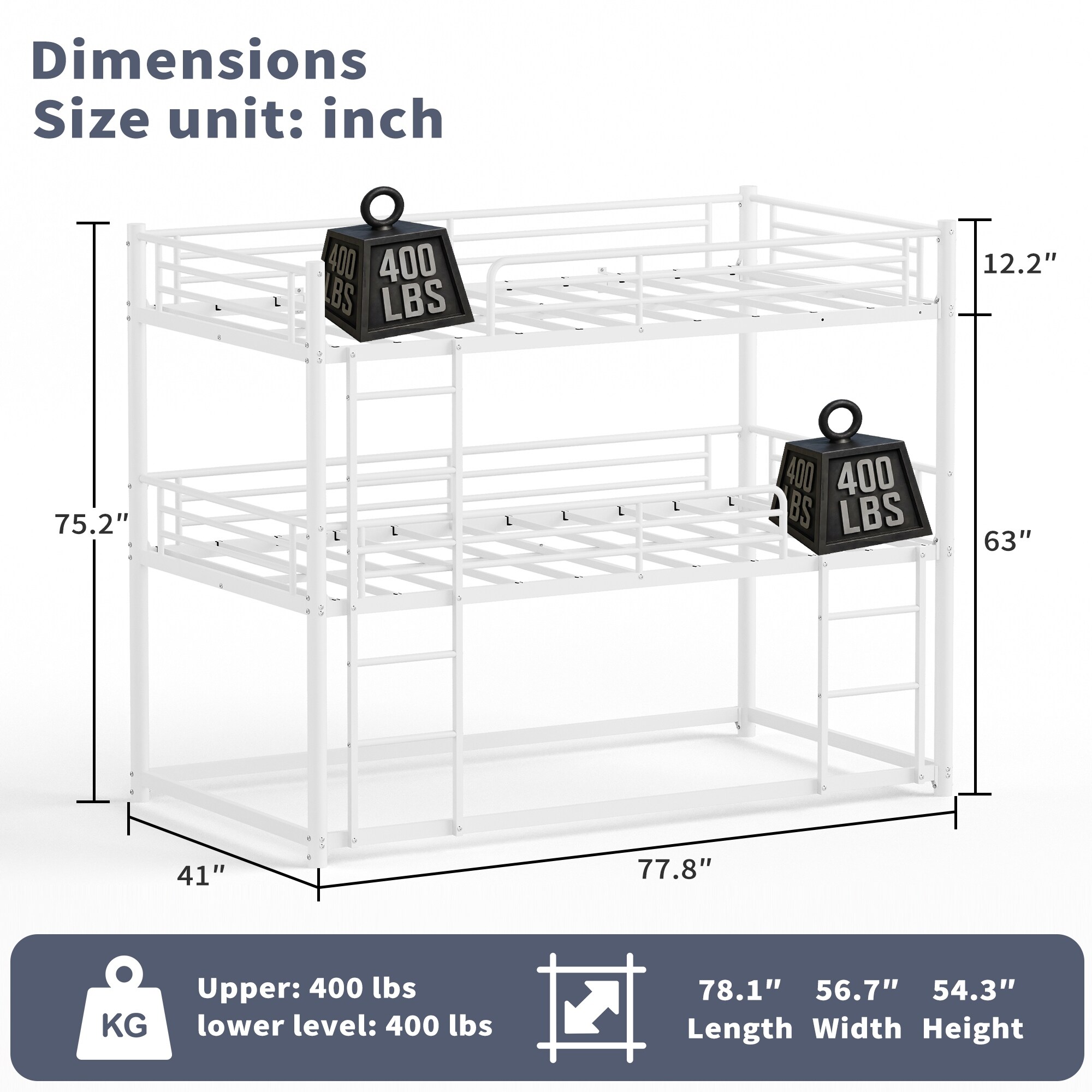 Twin Over Twin Bunk Bed, Three Level Design, Heavy Duty Metal Construction
