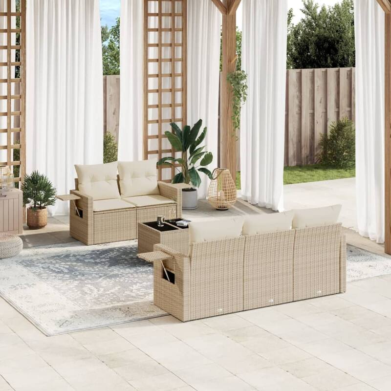 vidaXL Patio Sofa Set with Cushions Outdoor Furniture 6 Piece Poly Rattan - Beige - 24.4 x 33.5 x 27.2