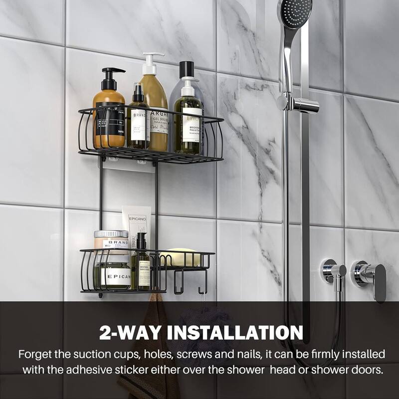 Shower Caddy Hanging, Anti-Swing Over Head Shower Caddy Rustproof with hooks for Towels, Sponge and more