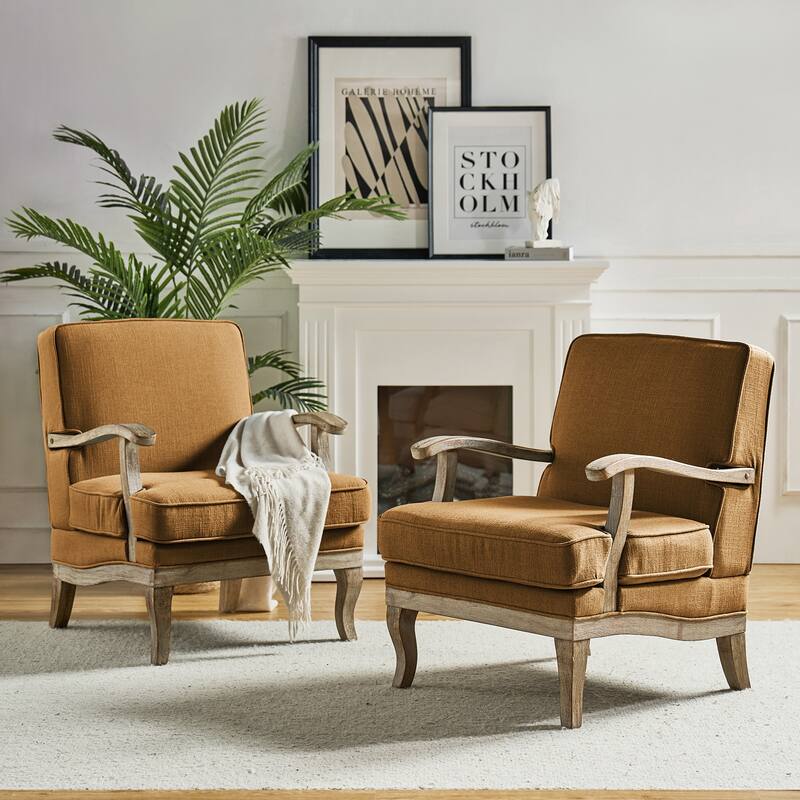 HULALA HOME Rinaldo Farmhouse Polyester Armchair with Comfortable Backrest and Solid Wood Legs Set of 2