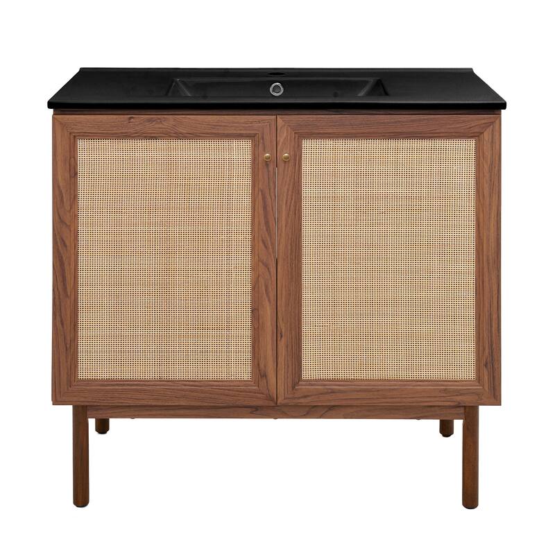 Classe 36 In. Brown Oak Bathroom Vanity With Black Ceramic Sink Top