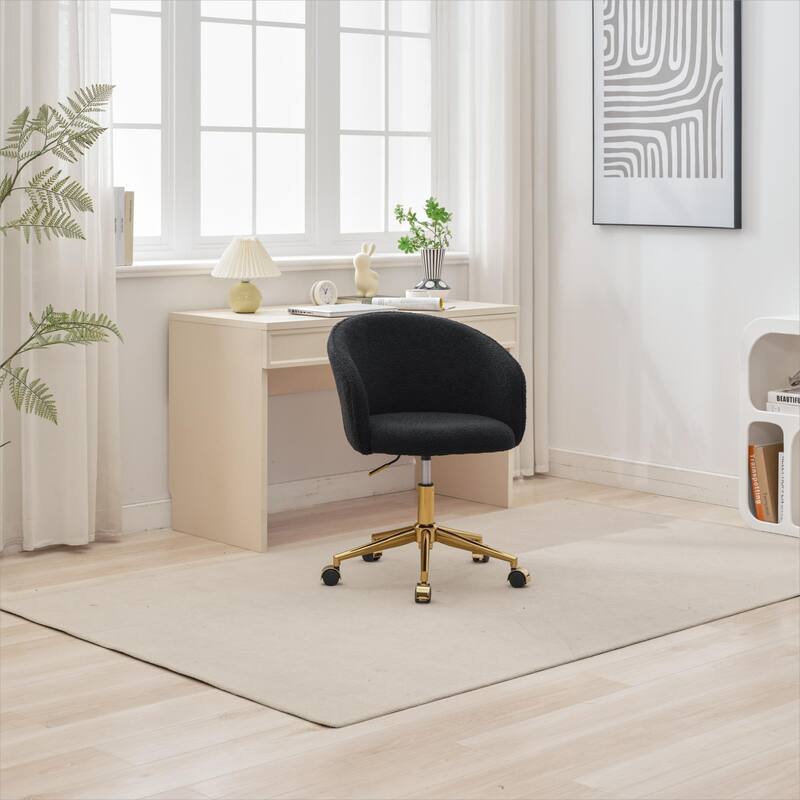 Golden Foot Office Chair, Adjustable Height Cosmetic Chair, Faux Fur Chair with Wheels, 360° Rotating Armchair - N/A - Black