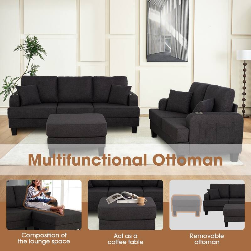 Modern Black Fabric 3-Piece Living Room Sofa Set with Loveset and Ottoman