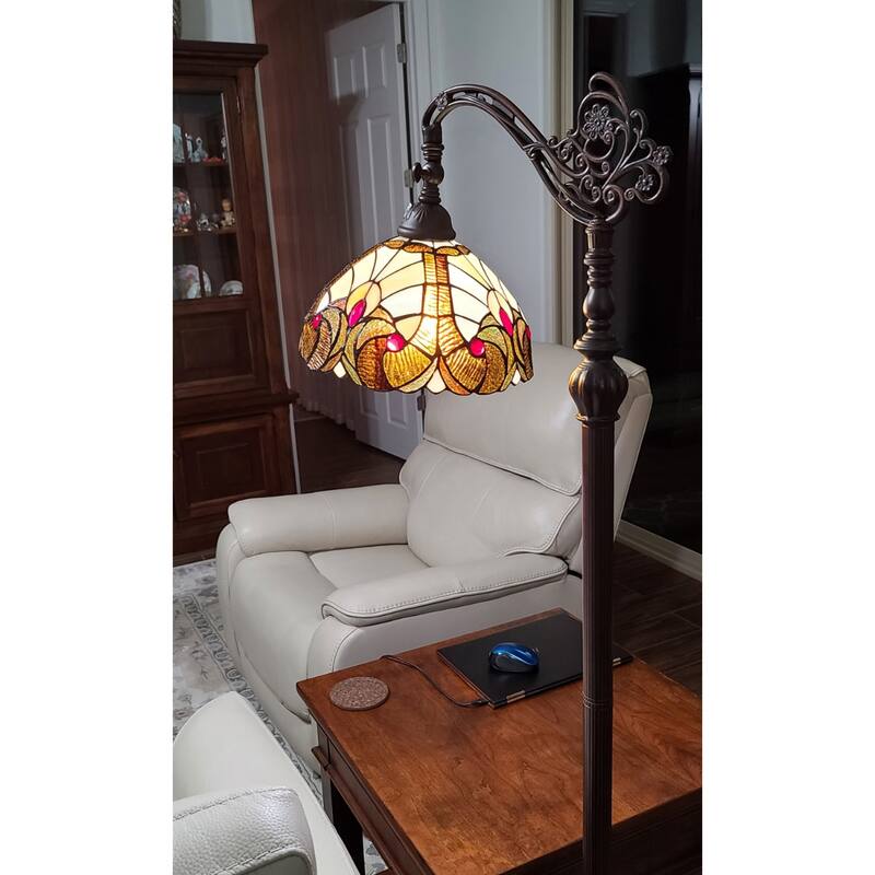 Beige Metal Torchiere Floor Lamp with Stained Glass Dome and 3 Way Switch - 12” x 12” x 62” (D x W x H)
