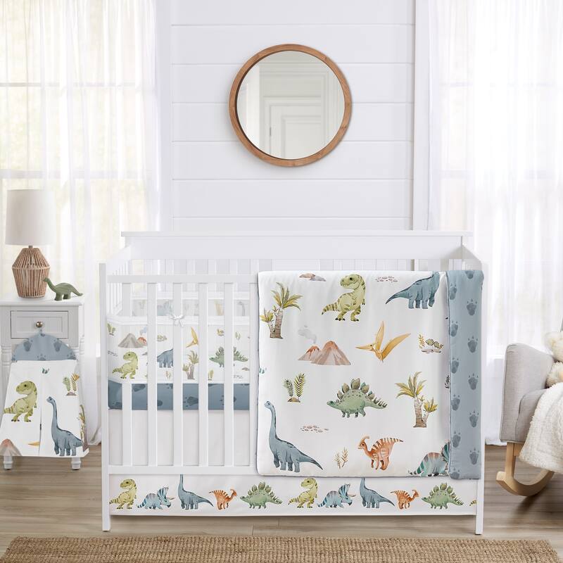 Sweet Jojo Designs 6p Crib Bedding + BreathableBaby Breathable Mesh Liner Watercolor Dinosaur Dino Boy Modern Animal