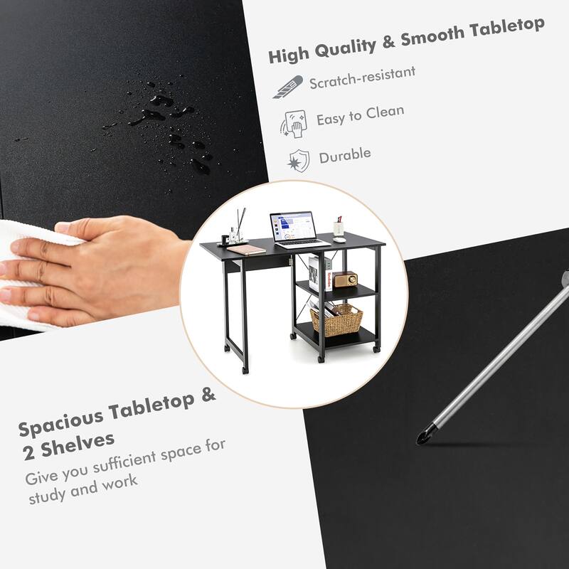 Costway Rolling Computer Desk Folding Writing Office Desk Storage