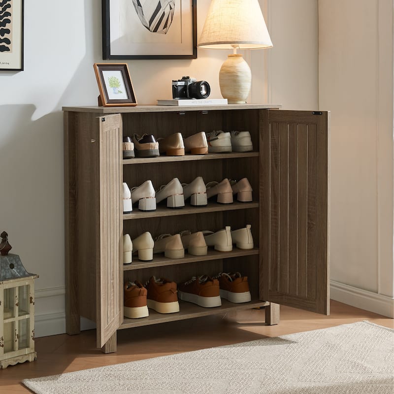 Shoe cabinet storage cabinet entryway cabinet with two doors slat style vented doors metal knob handle four shelves Dark - Tan