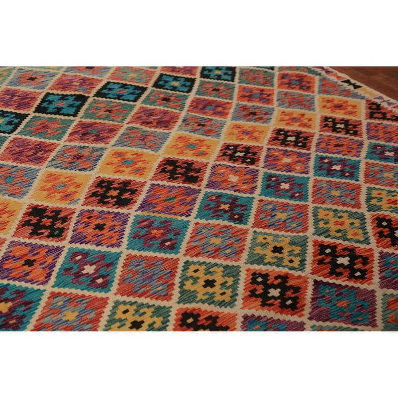 Reversible Trellis Kilim Oriental Area Rug Flatweave Wool Carpet - 8'2"x 9'8"