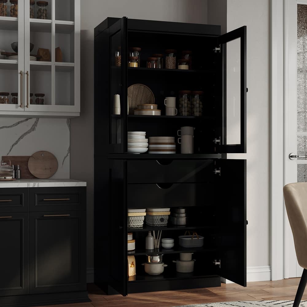 Palace Imports 100% Solid Wood Pantry Cabinet, Shaker & Clear Glass Doors, 2 Drawers, Adjustable Shelves, 32" Wide, 71.5" Tall