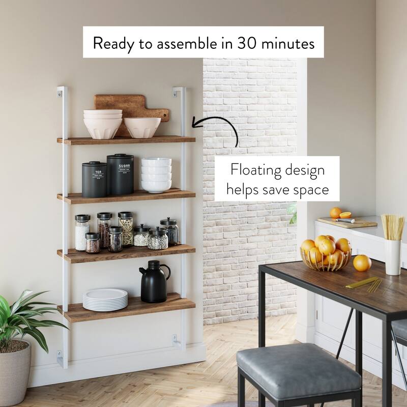 Nathan James Theo 4-Shelf Bookcase Floating Wall Mount Natural Wood Industrial Pipe Metal Frame