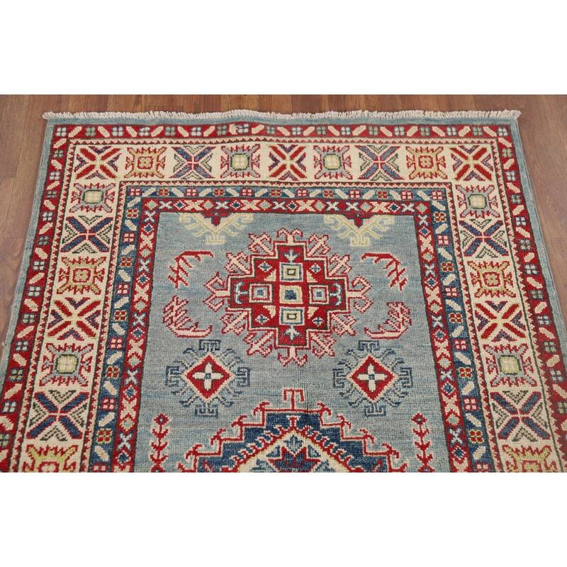 Geometric Blue Kazak Accent Rug Hand-Knotted Wool Carpet - 3'4" x 5'3"