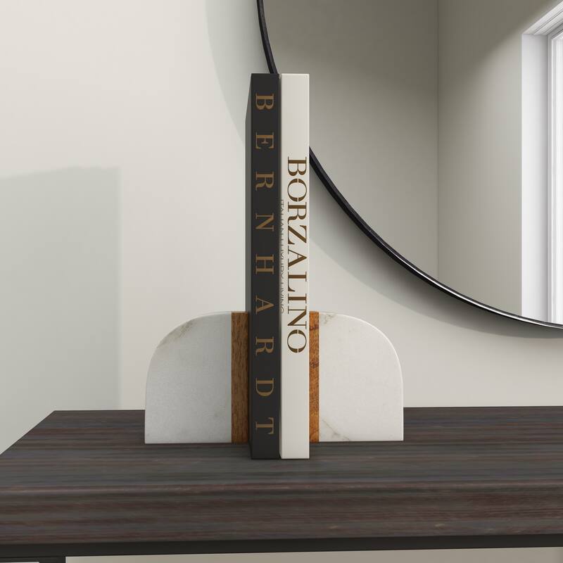 White Marble 5 lbs Decorative Bookends with Wood Details (Set of 2)