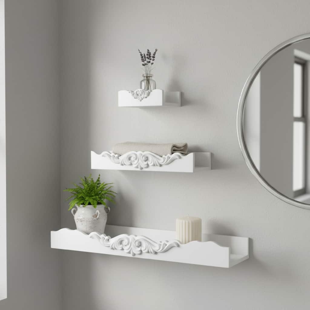 American Art Decor Vintage White Ornate 3-Piece Floating Wall Shelf Set - 2" x 17.75"