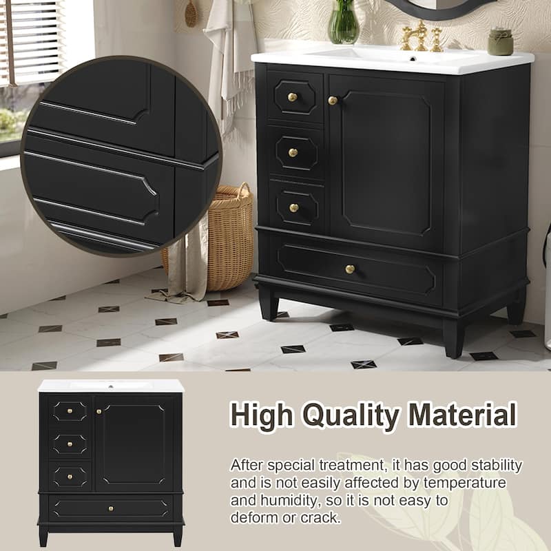 30" Bathroom Vanity with Sink,Solid Wood Frame,Painted MDF & Rubber Wood