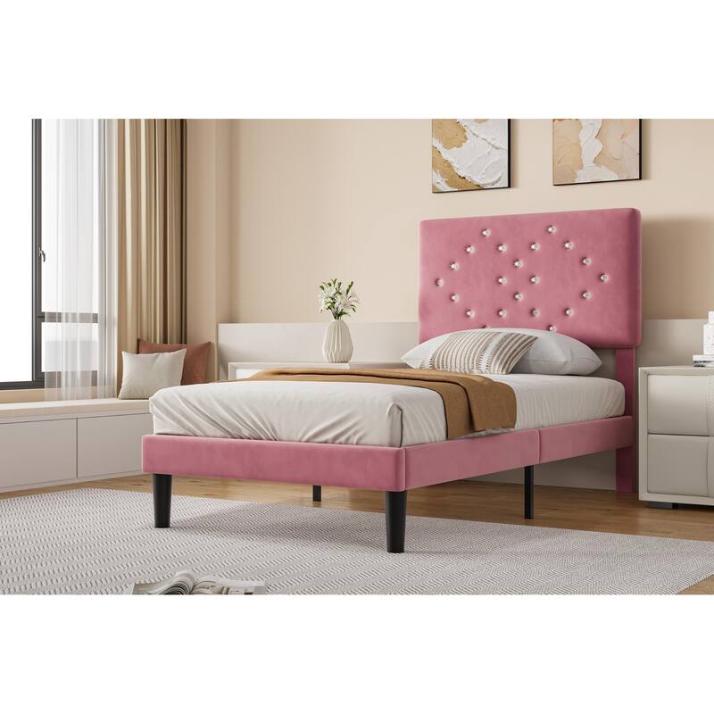 Bed Frames, Velvet Upholstered Bed Frame with Vertical Channel Tufted & Sturdy Wood Slats
