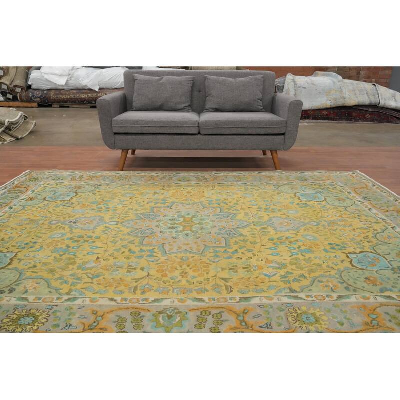 Hand Knotted Oriental 100% Wool Carpet Traditional Floral Yellow & Gold Tabriz Area Rug - 9' 4'' X 6' 8''