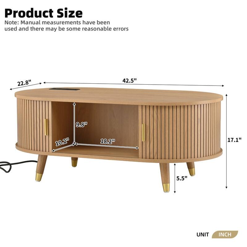42.5"W Oval Farmhouse Coffee Table with Charging Station & Fluted Sliding Doors