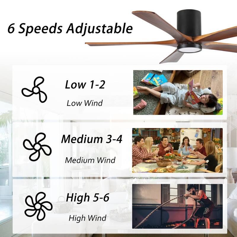 60" Ceiling Fan with Light, Flush Mount, 5 Wood Blades, Quiet Reversible DC Motor, Remote Control, Dimmable Full-Spectrum LED