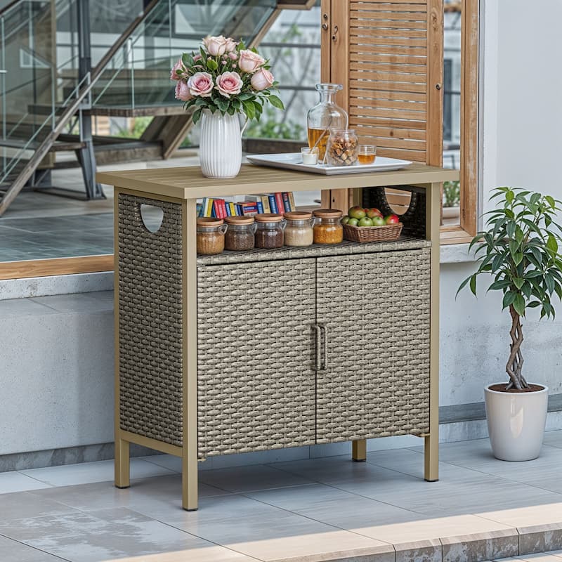 Moasis Outdoor Wicker Bar Table Ratten Storage Cabinet with 2 Doors and Shelves - Brown