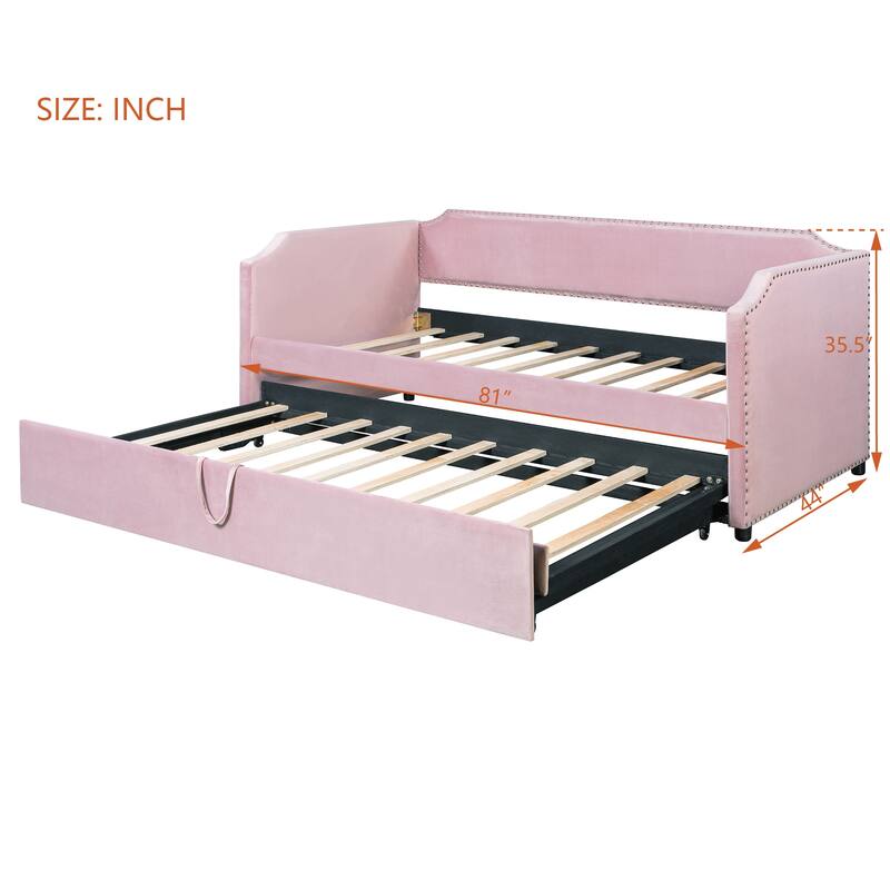 Twin Size Velvet Upholstered Daybed with Pop Up Trundle