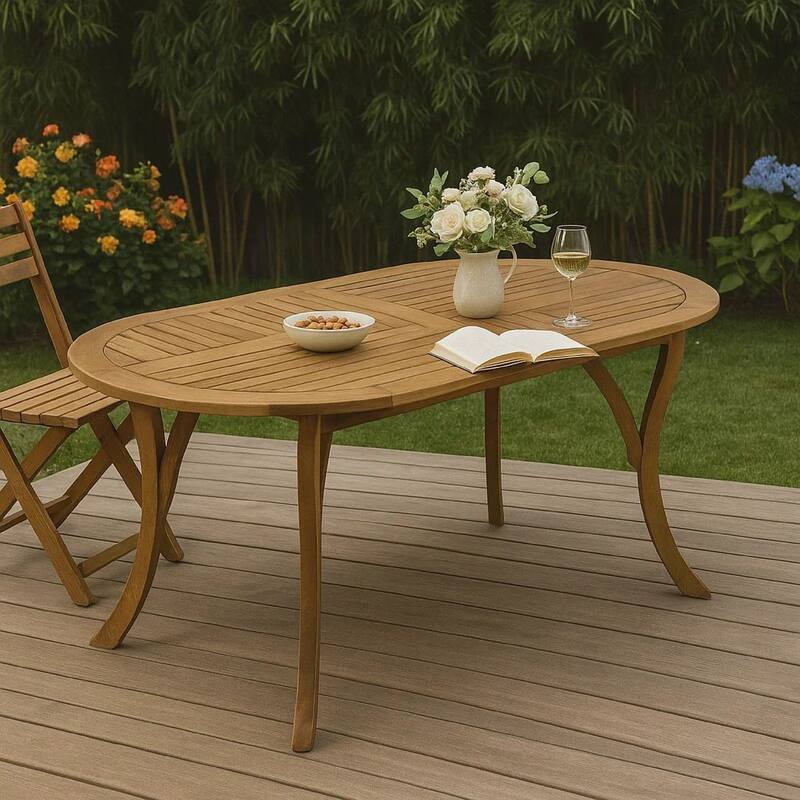 Outdoor Dining Table, 70 Inch Slat Style Oval Top, Teak Acacia Wood