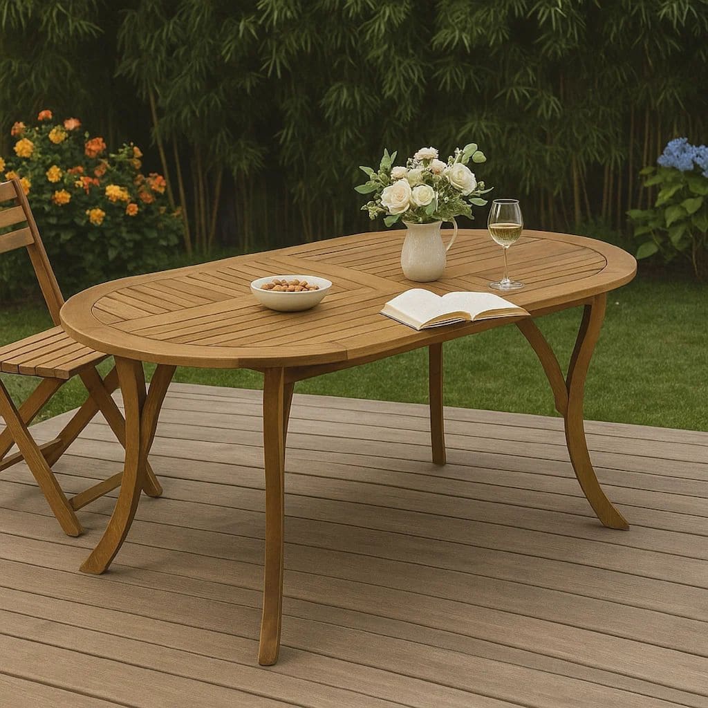 Outdoor Dining Table, 70 Inch Slat Style Oval Top, Teak Acacia Wood