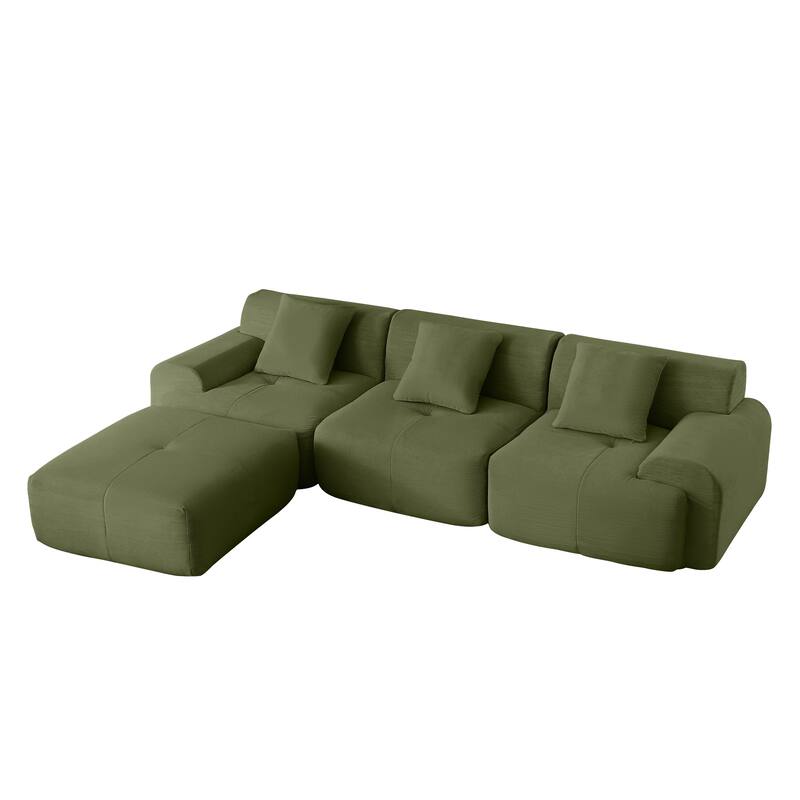 Livingroom L-Shaped Corduroy Sectional Sofa, Modular Couch 3 Seat Straight Sofa with Movable Ottoman