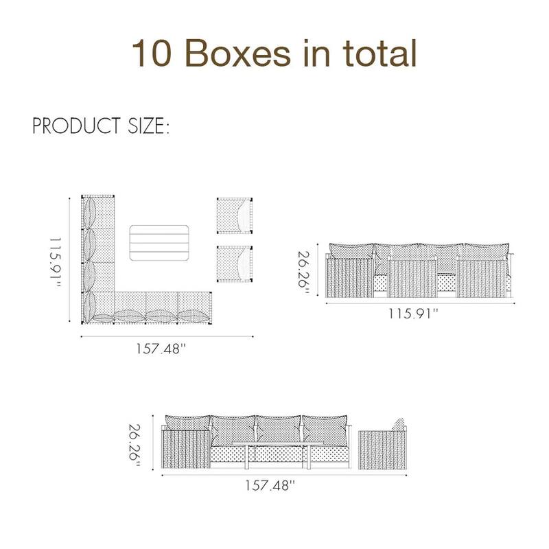 PURPLE LEAF Santori L-shape 10 Piece Khaki Sofa with Ottoman and Cushion for Poolside Garden Outdoor Patio Conversation Set