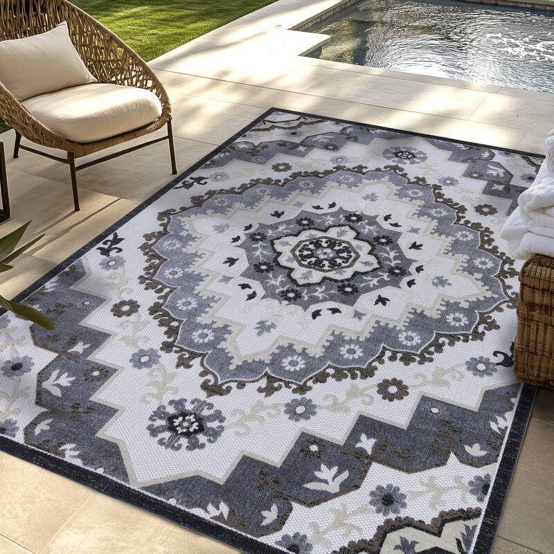 Gertmenian Kalari Modern Bold Multicolored High-Low UV Protected Polypropylene Woven Indoor/ Outdoor Area Rug Collection - 8'9"x13'1" - Amira Gray
