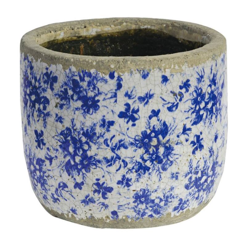 Distressed Finish Flower Terracotta Planter - 8.25" - Blue and White
