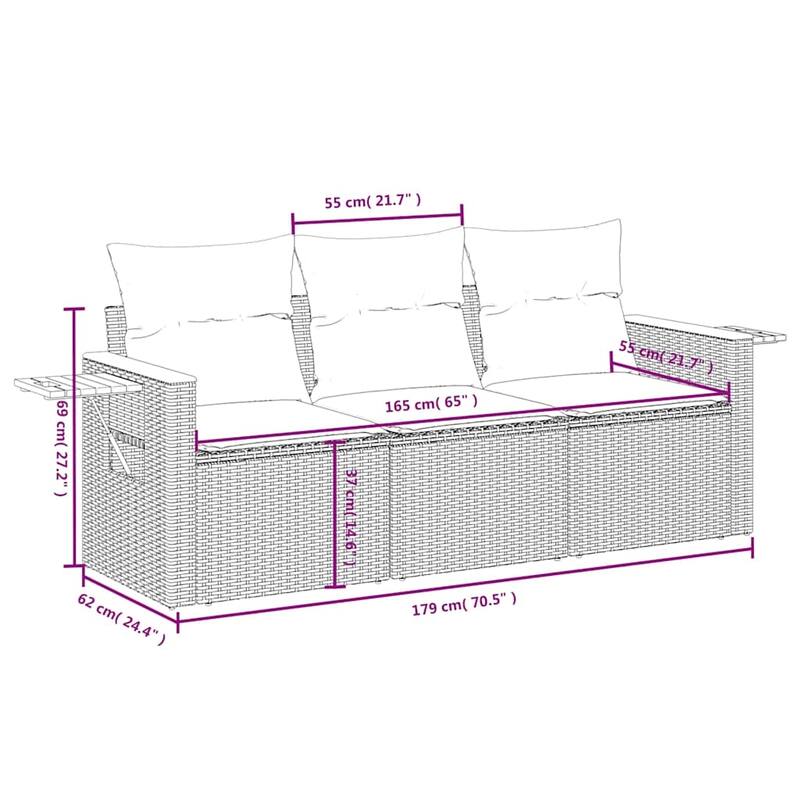 vidaXL Patio Sofa Set with Cushions Outdoor Furniture 3 Piece Poly Rattan - 24.4 x 33.5 x 27.2 in