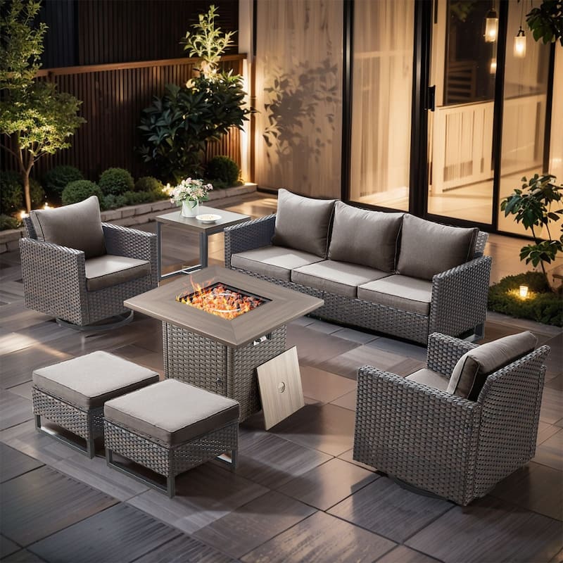 7 Pieces Fire Pit Table with Sofa Swivel Chair Ottoman Set - Brown Wicker - Gray cushion