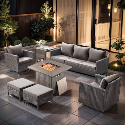 7 Pieces Fire Pit Table with Sofa Swivel Chair Ottoman Set