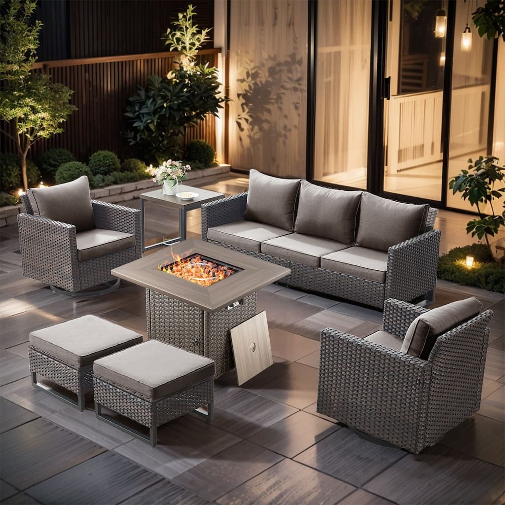 7 Pieces Fire Pit Table with Sofa Swivel Chair Ottoman Set