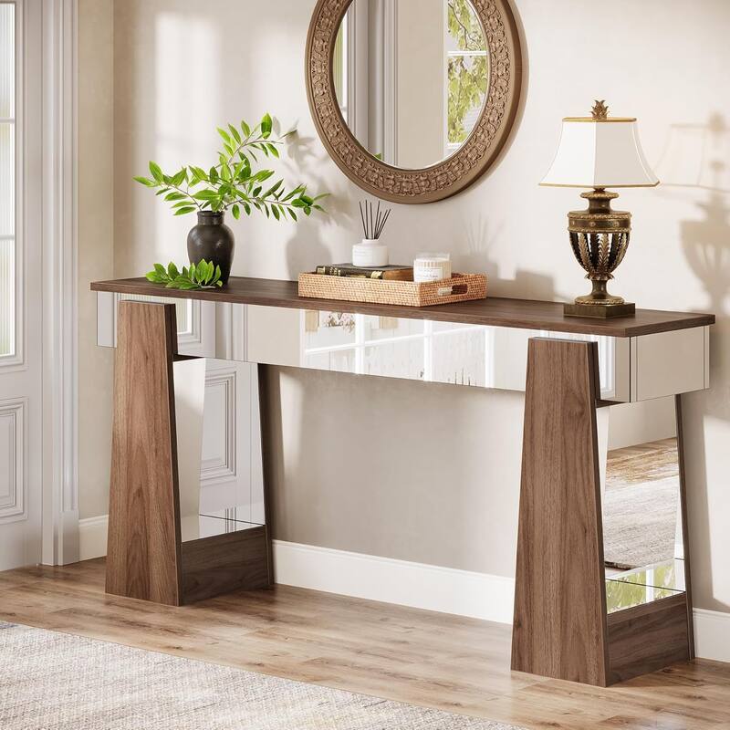 63 Inches Brown Wood Mirrored Console Table with Heavy-Duty Legs, Entryway Table for Hallway
