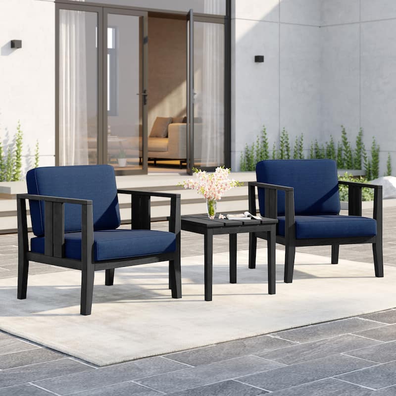 Uixe 3-piece Teak Solid Wood Outdoor Arm Chairs with Side Table Set - Black frame-Navy