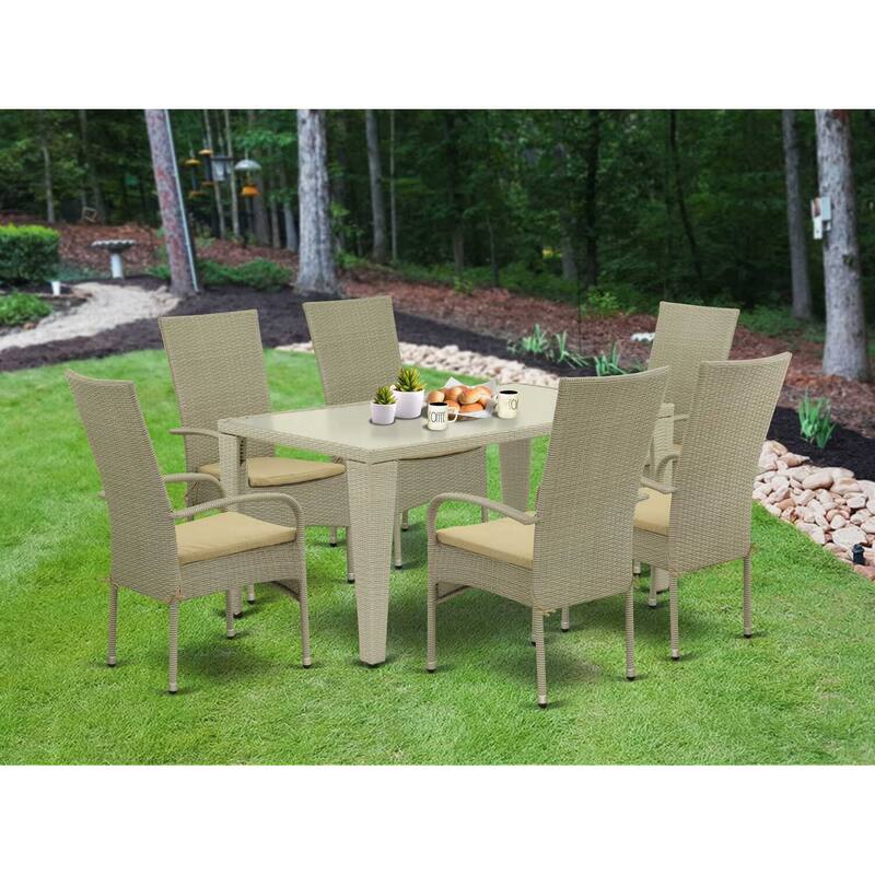 HomeStock 7-Piece Natural Oak Finish Solid Wood Top Dining Table with 6 Chairs with Lattice Back